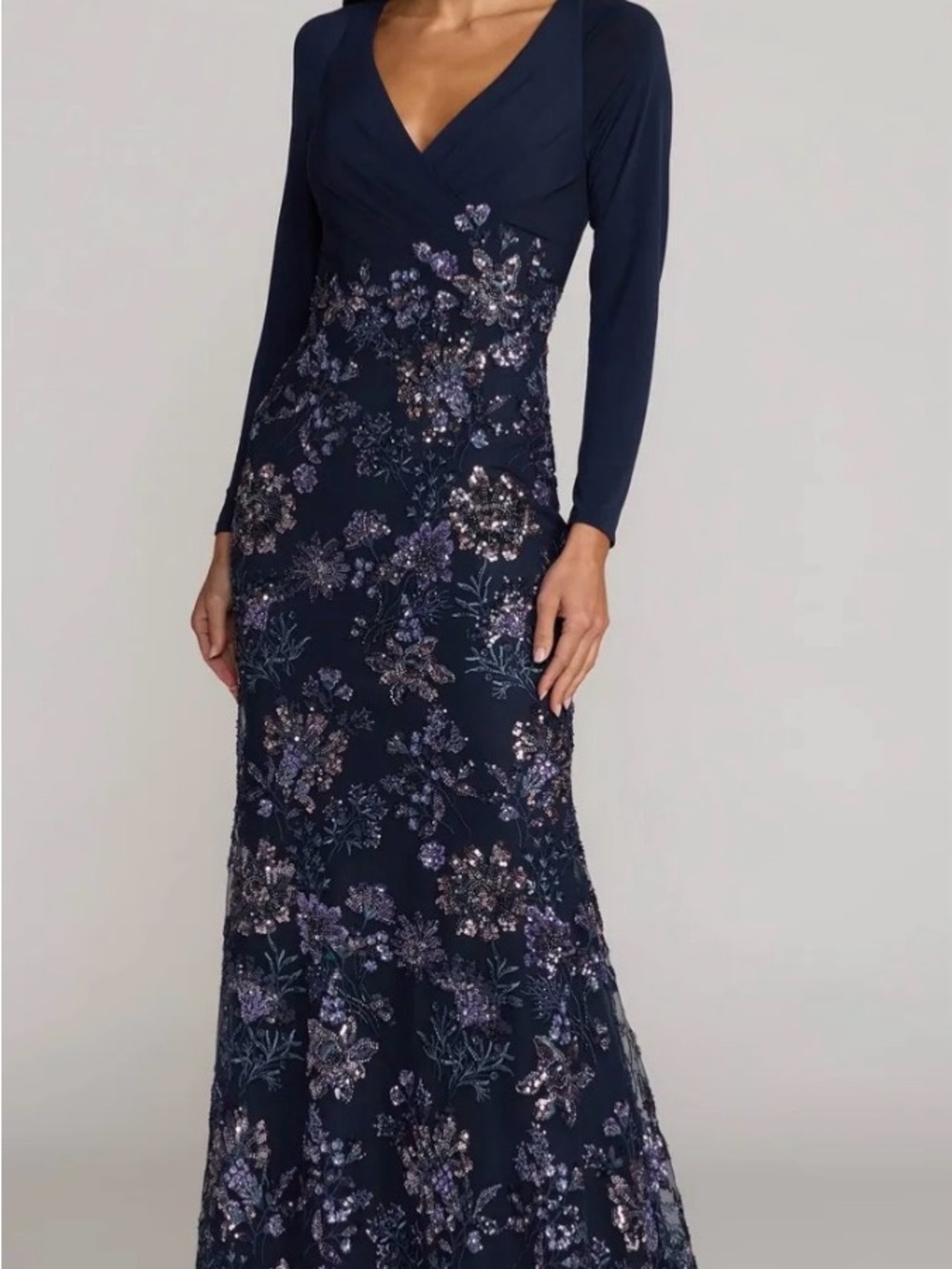 Mac Duggal Navy Long Sleeve Sequin Floral Gown